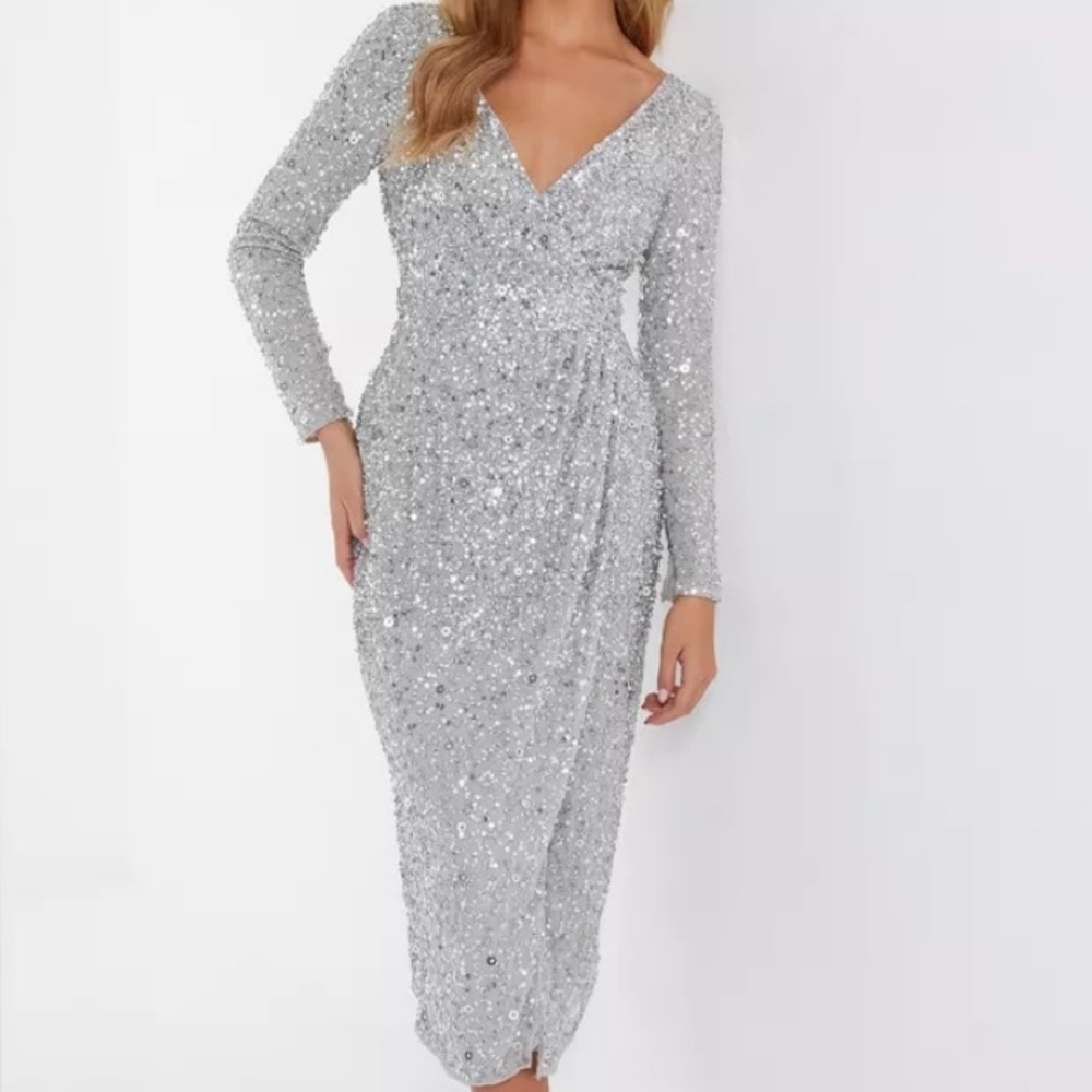 Quiz Grey Sequin Long Sleeve Wrap Midi Evening Dress